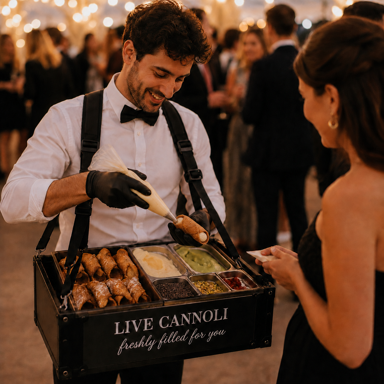Roaming cannoli host with wearable tray filling a fresh cannolo for a guest